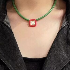 NEW Square Gem Geomatric Green Y2K Leather Necklace